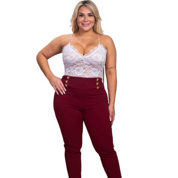 Plus Size Women High Waist Fitted Leg Pants in Wine with Royal Gold Button Decor - Picture 1 of 6